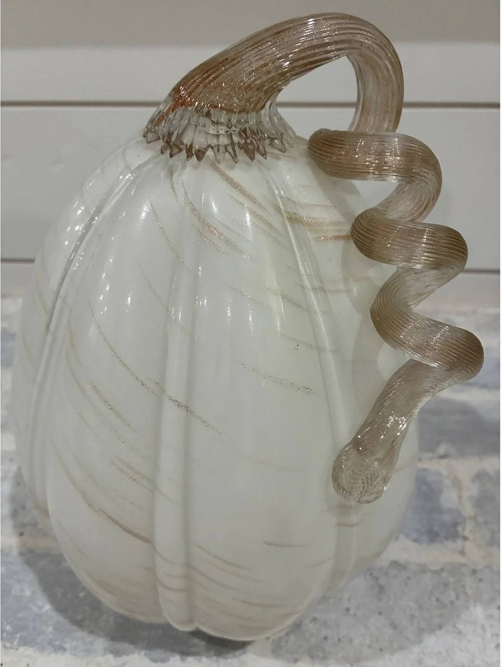 Handblown Glass White Pumpkin Decorative Figurine with Curled Stem